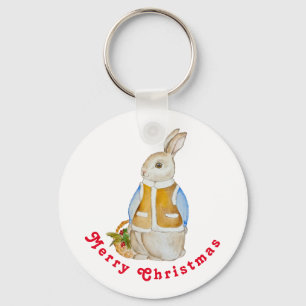Niedlicher Weihnachtshase mit einem Korb mit Ficht Schlüsselanhänger