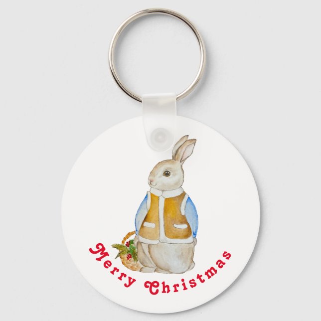 Niedlicher Weihnachtshase mit einem Korb mit Ficht Schlüsselanhänger (Vorderseite)