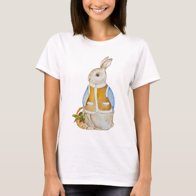 Niedlicher Weihnachtshase mit einem Korb mit Ficht T-Shirt (Vorderseite)
