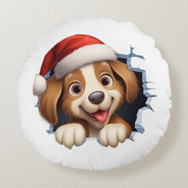 Niedlicher Weihnachtshund durch die Mauer illustri Rundes Kissen