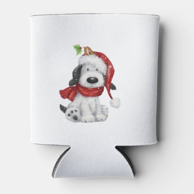 Niedlicher Weihnachtshund mit Weihnachtsmannmütze  Dosenkühler (Vorderseite)
