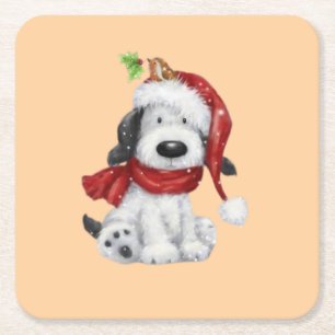Niedlicher Weihnachtshund mit Weihnachtsmannmütze Rechteckiger Pappuntersetzer