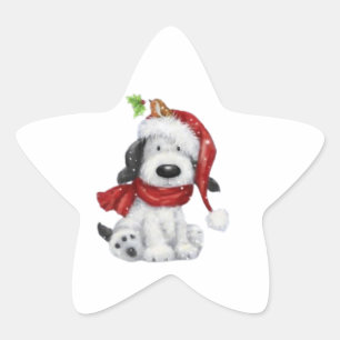 Niedlicher Weihnachtshund mit Weihnachtsmannmütze  Stern-Aufkleber