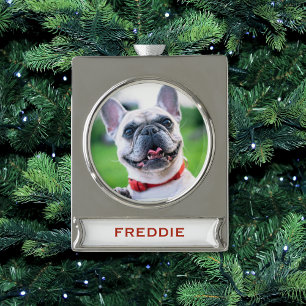 Niedlicher Weihnachtshund oder Katze Foto Urlaub Banner-Ornament Silber