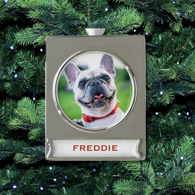 Niedlicher Weihnachtshund oder Katze Foto Urlaub Banner-Ornament Silber (Von Creator hochgeladen)