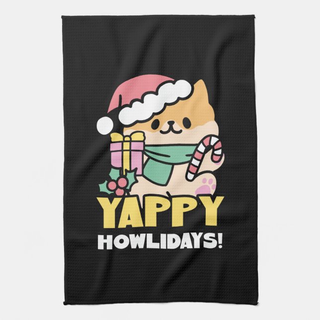 Niedlicher Weihnachtshund - Yappy Howlidays Geschirrtuch (Vertikal)