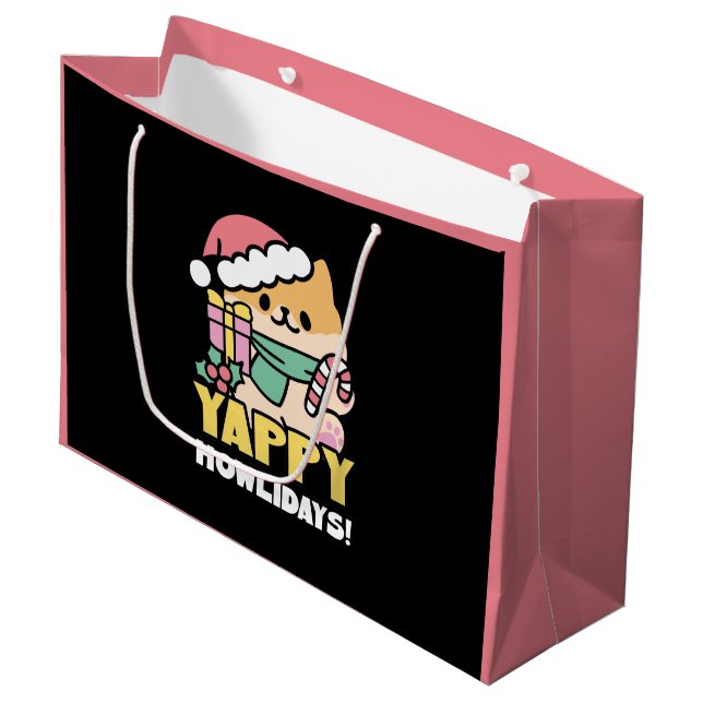 Niedlicher Weihnachtshund - Yappy Howlidays Große Geschenktüte (Vorderseite Schrägansicht)