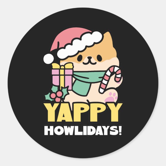 Niedlicher Weihnachtshund - Yappy Howlidays Runder Aufkleber (Vorderseite)