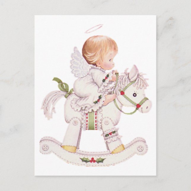 Niedlicher Weihnachtsjunge Angel auf Rockpferd Postkarte (Vorderseite)