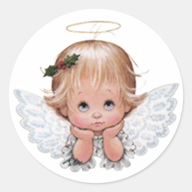 Niedlicher Weihnachtsjunge Angel in den Händen Runder Aufkleber (Vorderseite)