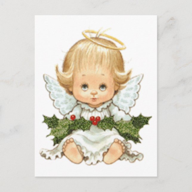 Niedlicher Weihnachtsjunge Angel und Holly Postkarte (Vorderseite)