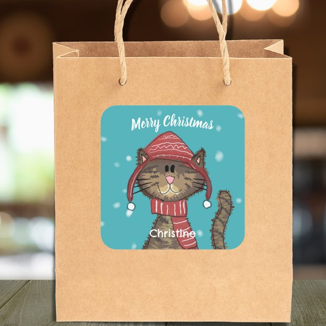 Niedlicher Weihnachtskatzenurlaub Personalisiert Quadratischer Aufkleber (Von Creator hochgeladen)