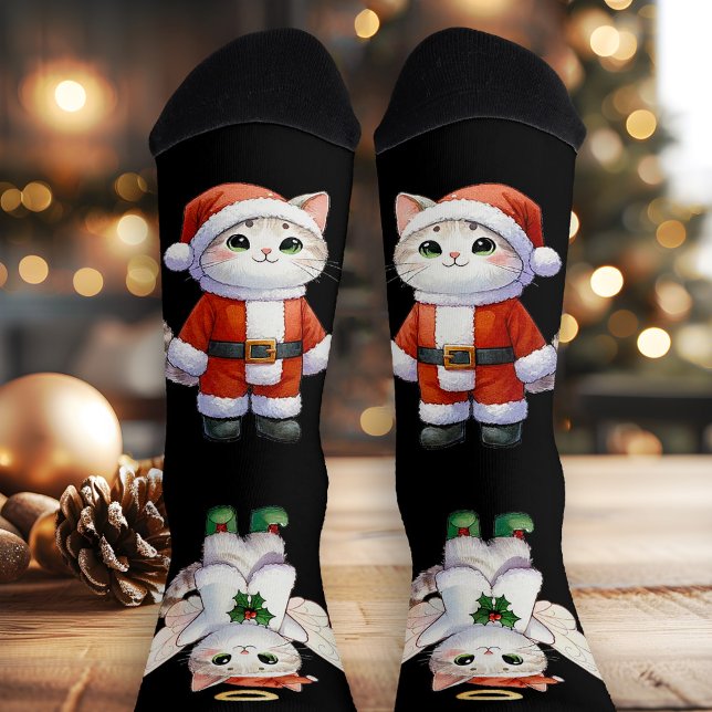 Niedlicher Weihnachtskitschgel Angel Socken (Socks featuring cute illustrations of a Christmas cat and cat angel)