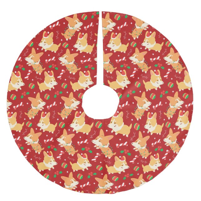 Niedlicher Weihnachtskorgis Polyester Weihnachtsbaumdecke (Vorderseite)