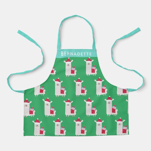 Niedlicher Weihnachtslama auf Grün Personalisiert Schürze (Vorderseite)