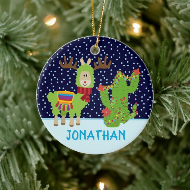 Niedlicher Weihnachtslama mit Namen Keramik Ornament (Baum)