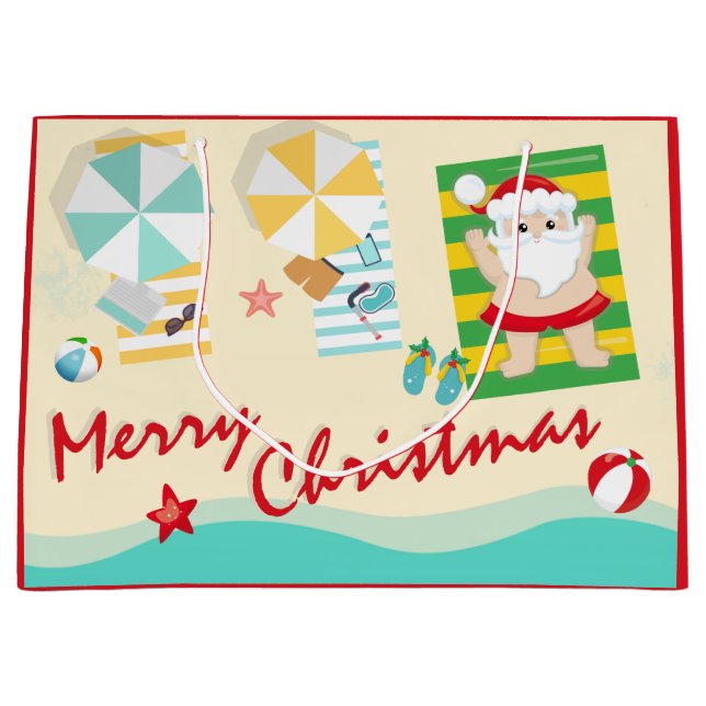 Niedlicher Weihnachtsmann am Strand Frohe Weihnach Große Geschenktüte (Vorderseite)