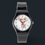 Niedlicher Weihnachtsmann Armbanduhr<br><div class="desc">Eine Armbanduhr mit einer Illustration eines bezaubernden Hirsches. Große Augen große Ohren mit einem großen Kopf und kleine braune Geweihe. Tragen Sie einen großen roten Bogen.</div>