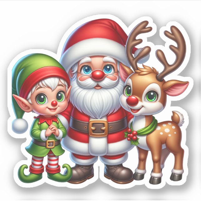 Niedlicher Weihnachtsmann, Elf und Rentier Aufkleber (Vorderseite)