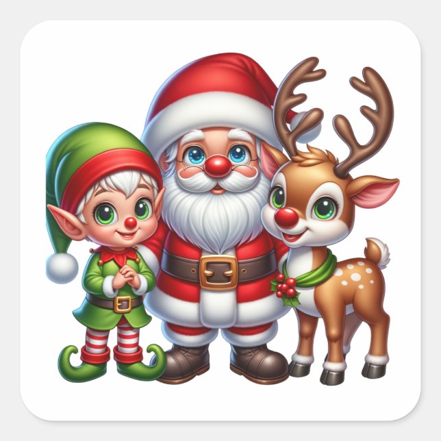 Niedlicher Weihnachtsmann, Elf und Rentier Quadratischer Aufkleber (Vorderseite)