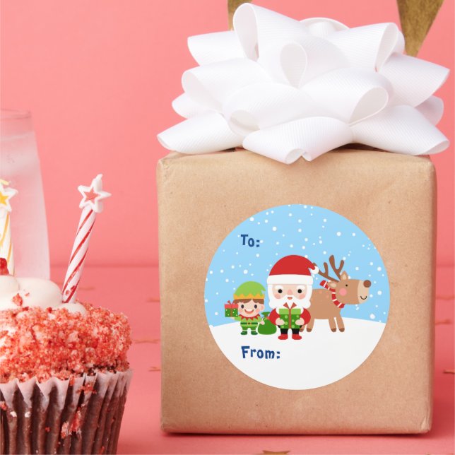Niedlicher Weihnachtsmann, Elf und Rentier von und Runder Aufkleber (Party)
