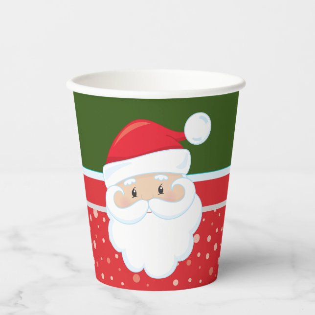 Niedlicher Weihnachtsmann gegenüber den roten grün Pappbecher (Vorderseite)