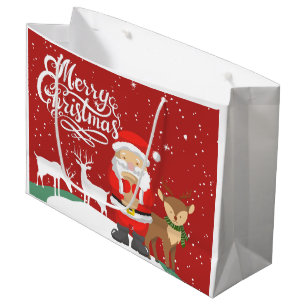 Niedlicher Weihnachtsmann im Schnee mit Rentieren Große Geschenktüte