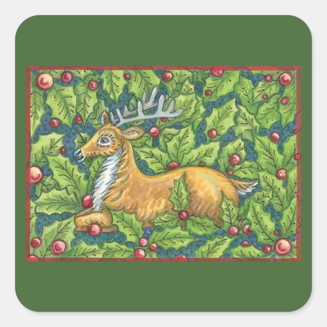 Niedlicher Weihnachtsmann im Wald mit Holly Quadratischer Aufkleber (Vorderseite)