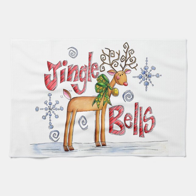 Niedlicher Weihnachtsmann, Jingle Bells Schneefloc Geschirrtuch (Horizontal)