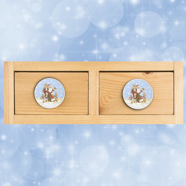 Niedlicher Weihnachtsmann Kunst Kinder Weihnachten Keramikknauf (Cute Santa Claus with Children lantern walking in snow on drawer knob pull.)