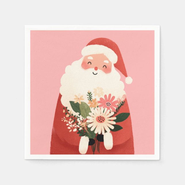 Niedlicher Weihnachtsmann mit Blume Rosa Weihnacht Serviette (Vorderseite)