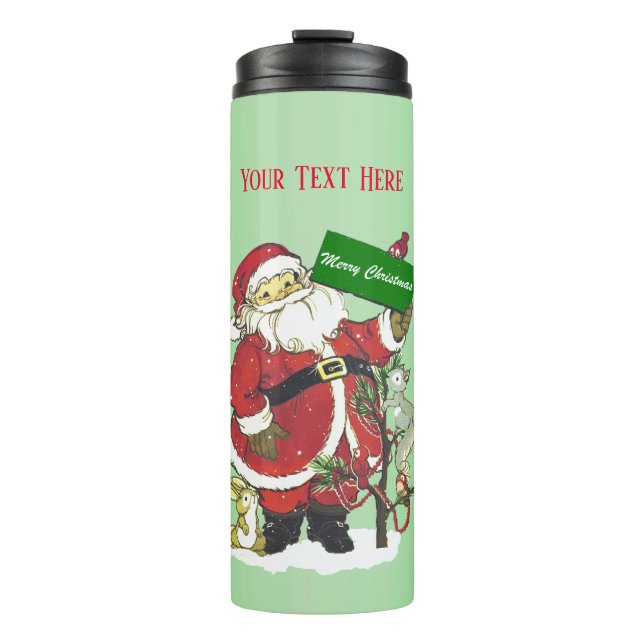 Niedlicher Weihnachtsmann mit Tieren kleine, helle Thermosbecher (Vorderseite)