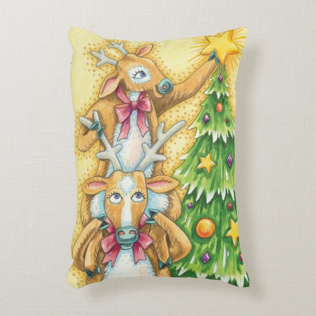 Niedlicher Weihnachtsmann mit Weihnachtsbaum-Star Dekokissen (Vorderseite(Vertikal))