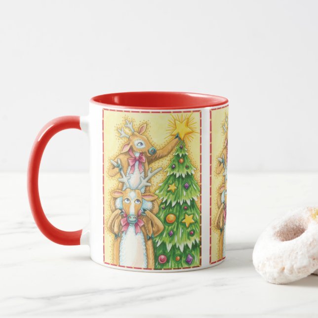 Niedlicher Weihnachtsmann mit Weihnachtsbaum-Star Tasse (Mit Donut)