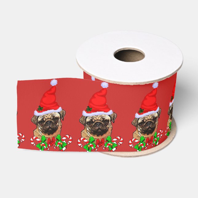 Niedlicher Weihnachtsmann Mops froh Ripsband (Spule)