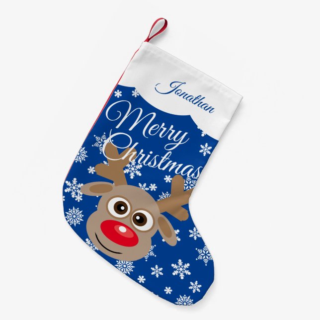 Niedlicher Weihnachtsmann Reindeer Blauer Name Kleiner Weihnachtsstrumpf (Vorderansicht (hängend))