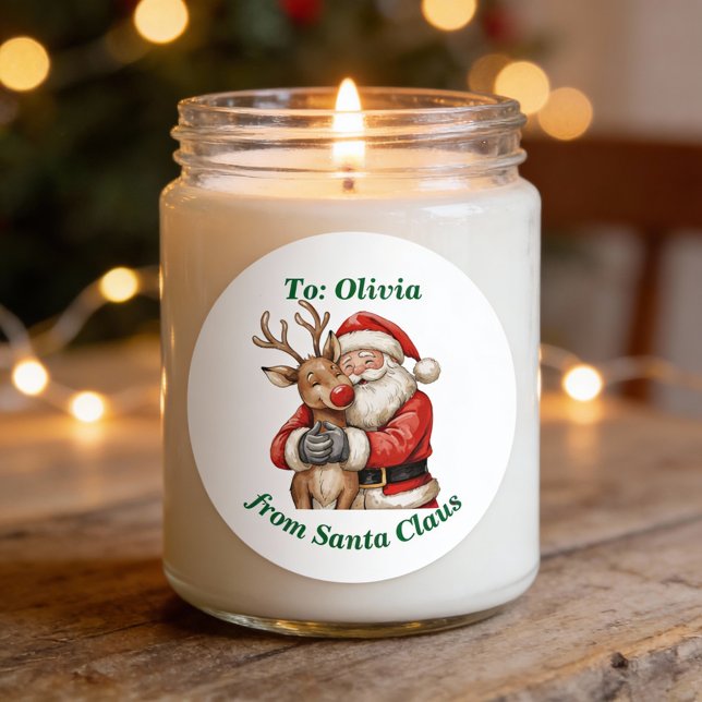 Niedlicher Weihnachtsmann & Reindeer Hug Custom Re Runder Aufkleber (Von Creator hochgeladen)