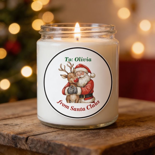 Niedlicher Weihnachtsmann & Reindeer Hug Custom Re Runder Aufkleber (Von Creator hochgeladen)