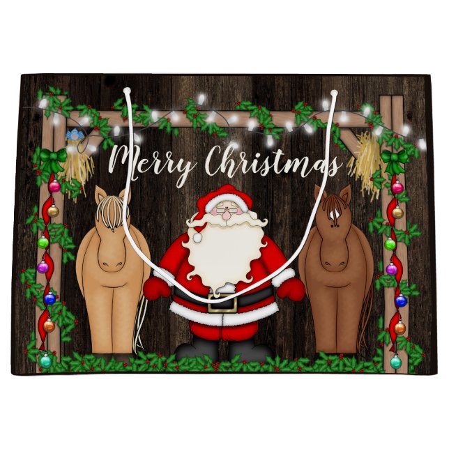 Niedlicher Weihnachtsmann und Pferde im Barn Frohe Große Geschenktüte (Vorderseite)