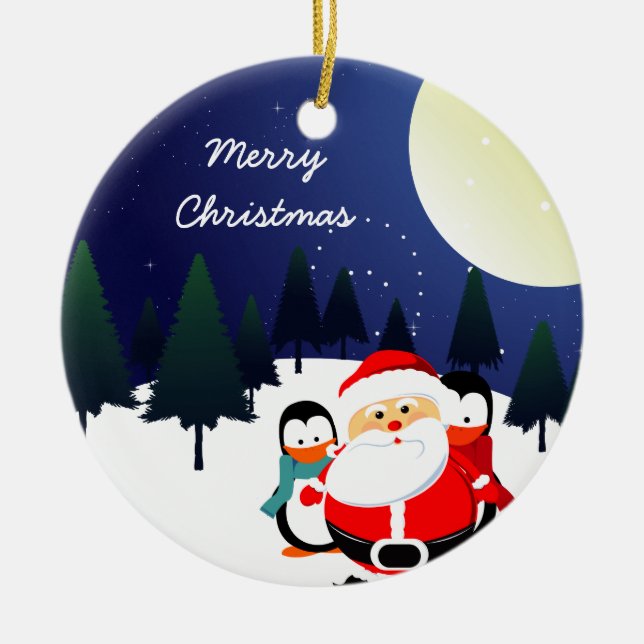 Niedlicher Weihnachtsmann und Pinguine Weihnachtss Keramikornament (Vorne)