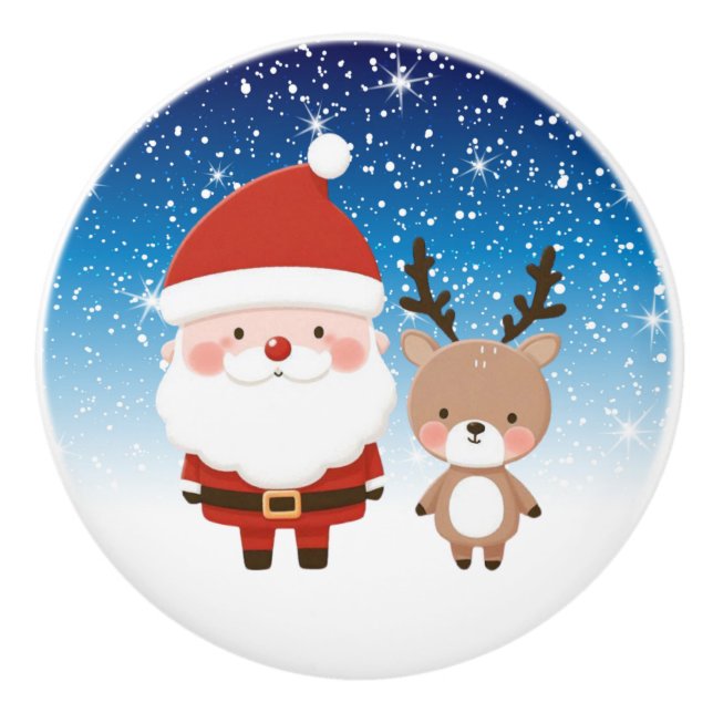 Niedlicher Weihnachtsmann und Reindeer Keramikknauf (Vorderseite)