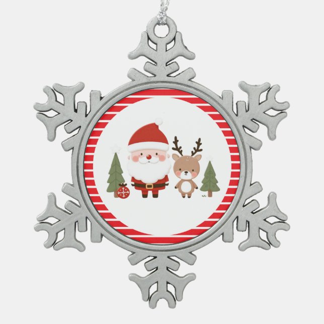 Niedlicher Weihnachtsmann und Reindeer Schneeflocken Zinn-Ornament (Vorderseite)