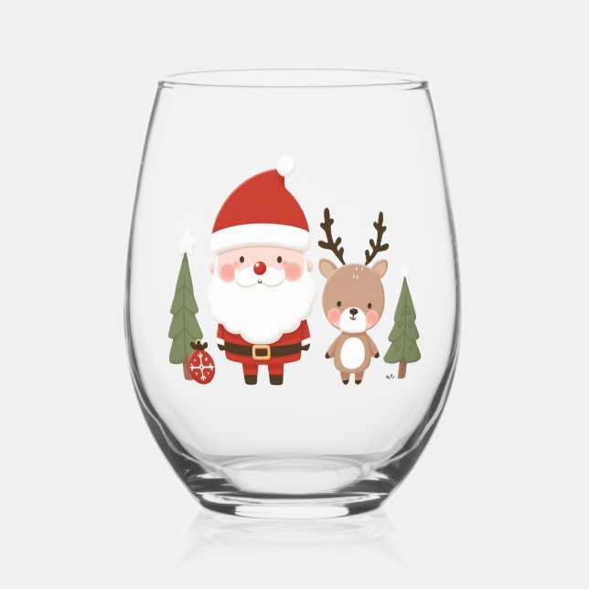 Niedlicher Weihnachtsmann und Reindeer Weinglas Ohne Stiel (Rückseite)