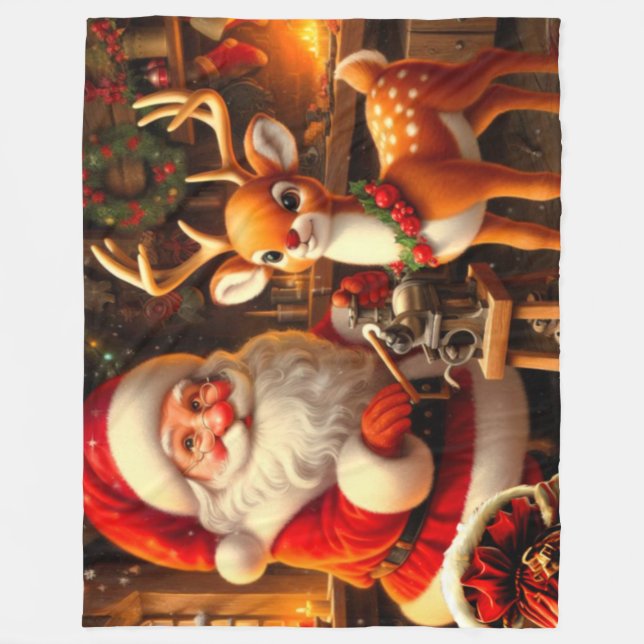Niedlicher Weihnachtsmann und Rentier Fleecedecke (Vorderseite)