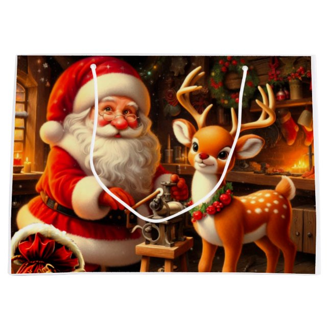 Niedlicher Weihnachtsmann und Rentier Große Geschenktüte (Vorderseite)
