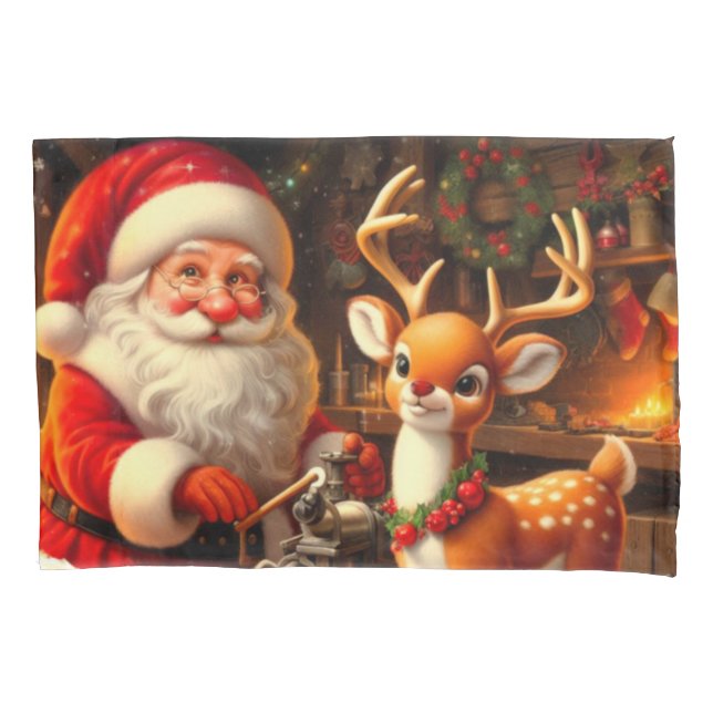 Niedlicher Weihnachtsmann und Rentier Kissenbezug (Vorderseite)