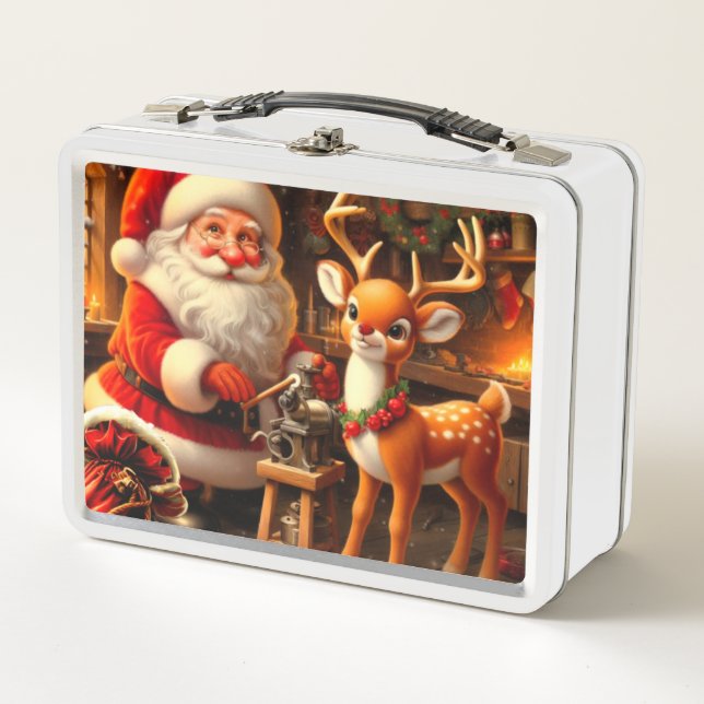 Niedlicher Weihnachtsmann und Rentier Metall Brotdose (Vorderseite)