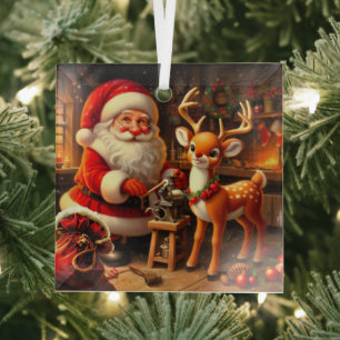 Niedlicher Weihnachtsmann und Rentier Ornament Aus Glas