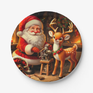 Niedlicher Weihnachtsmann und Rentier Pappteller