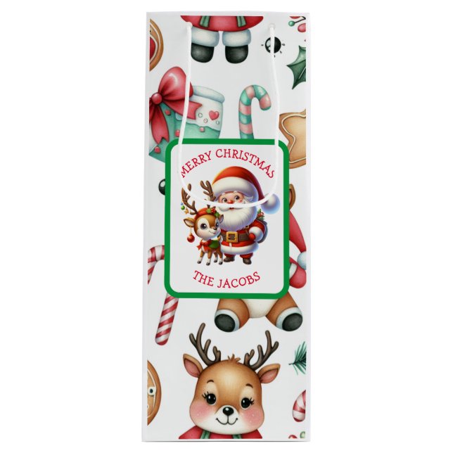 Niedlicher Weihnachtsmann und Rentier Personalisie Geschenktüte Für Weinflaschen (Vorderseite)